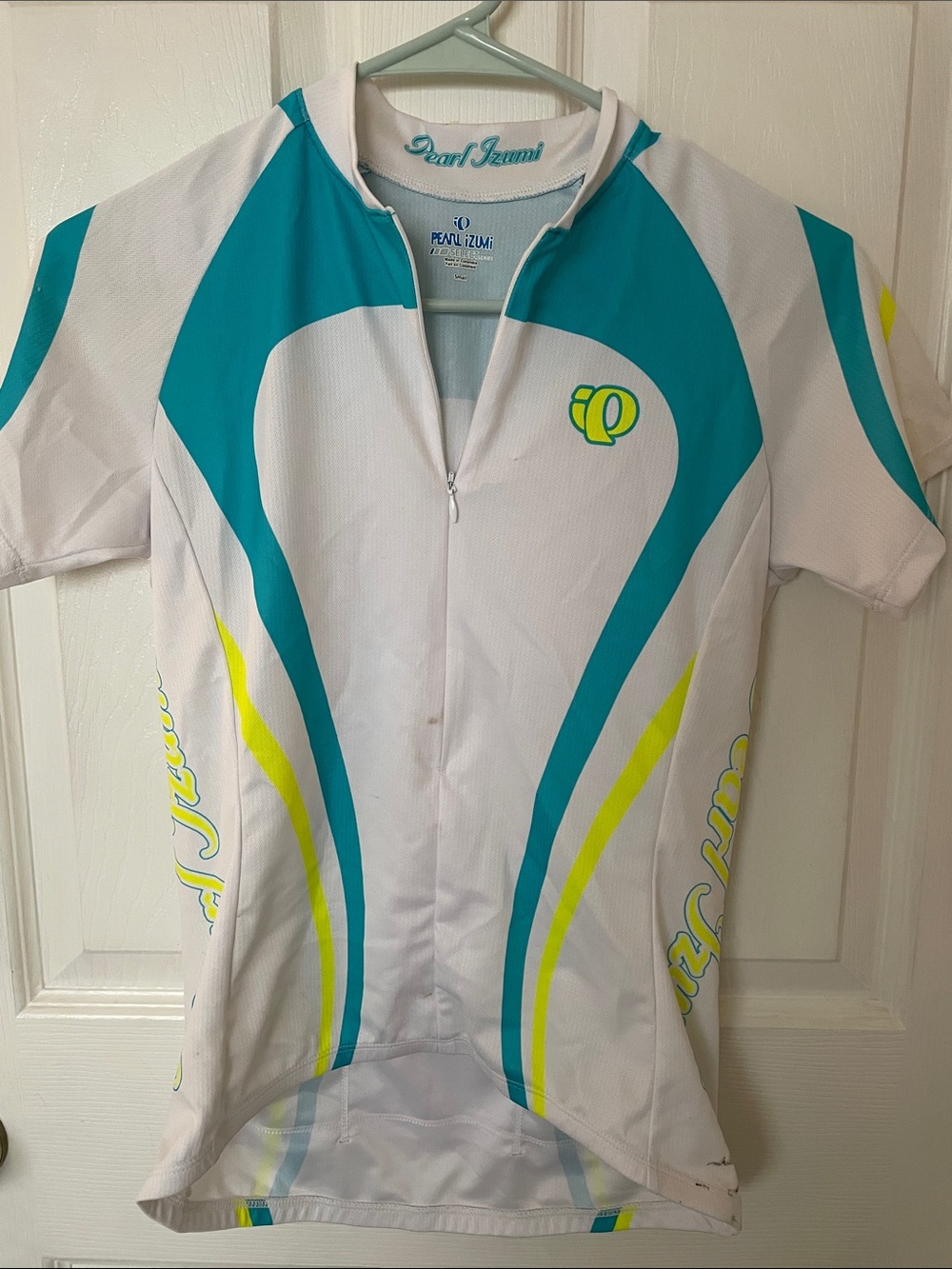 Pearl Izumi White Teal Cycling Jersey with Neon Yellow Accents